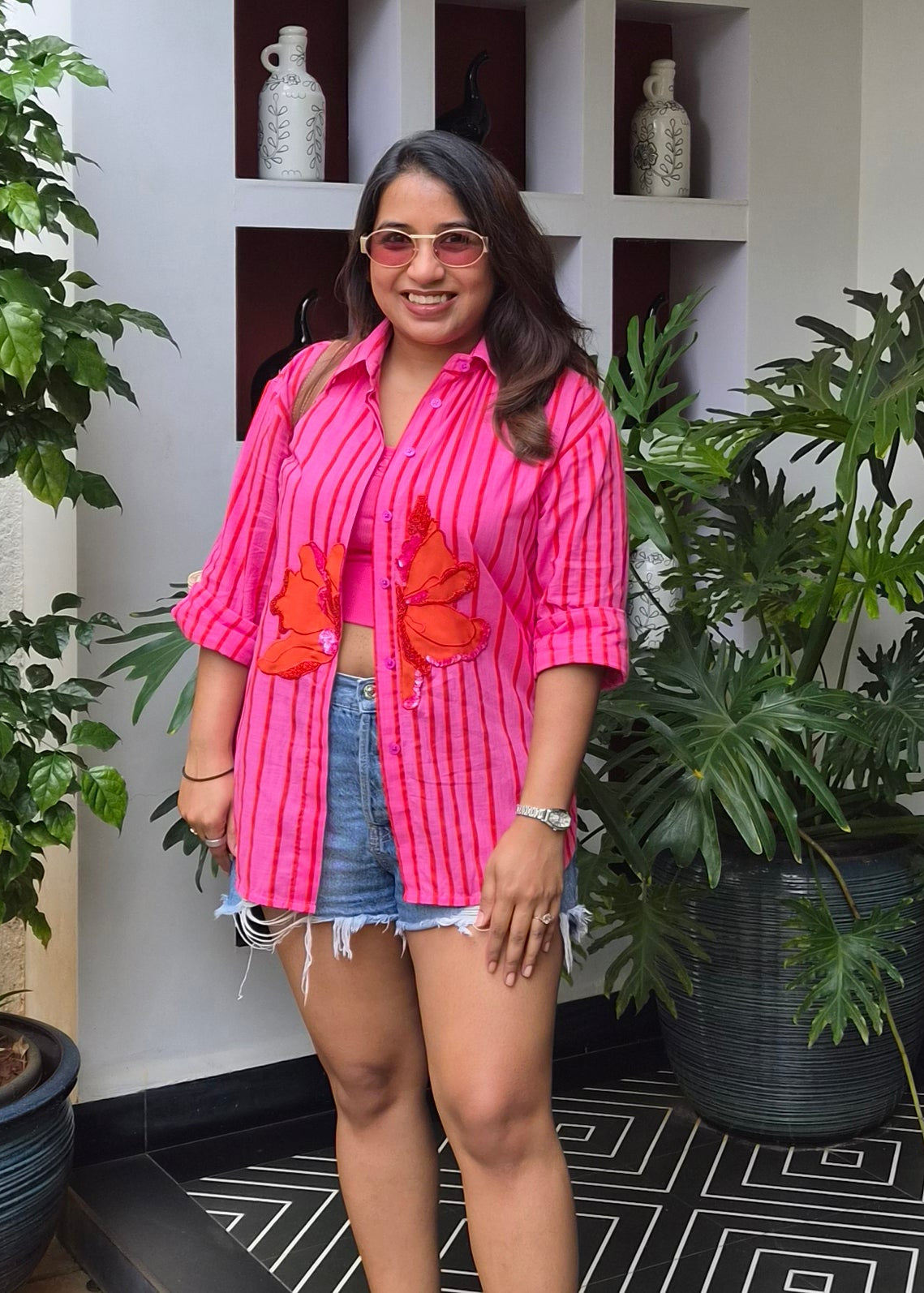 Pink Stripe shirt with Contrast hand embroidery floral motif