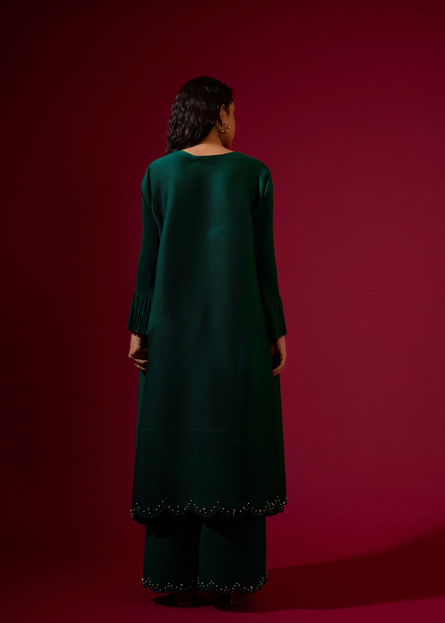 Emerald Green Pleated Pearl Tunic Set