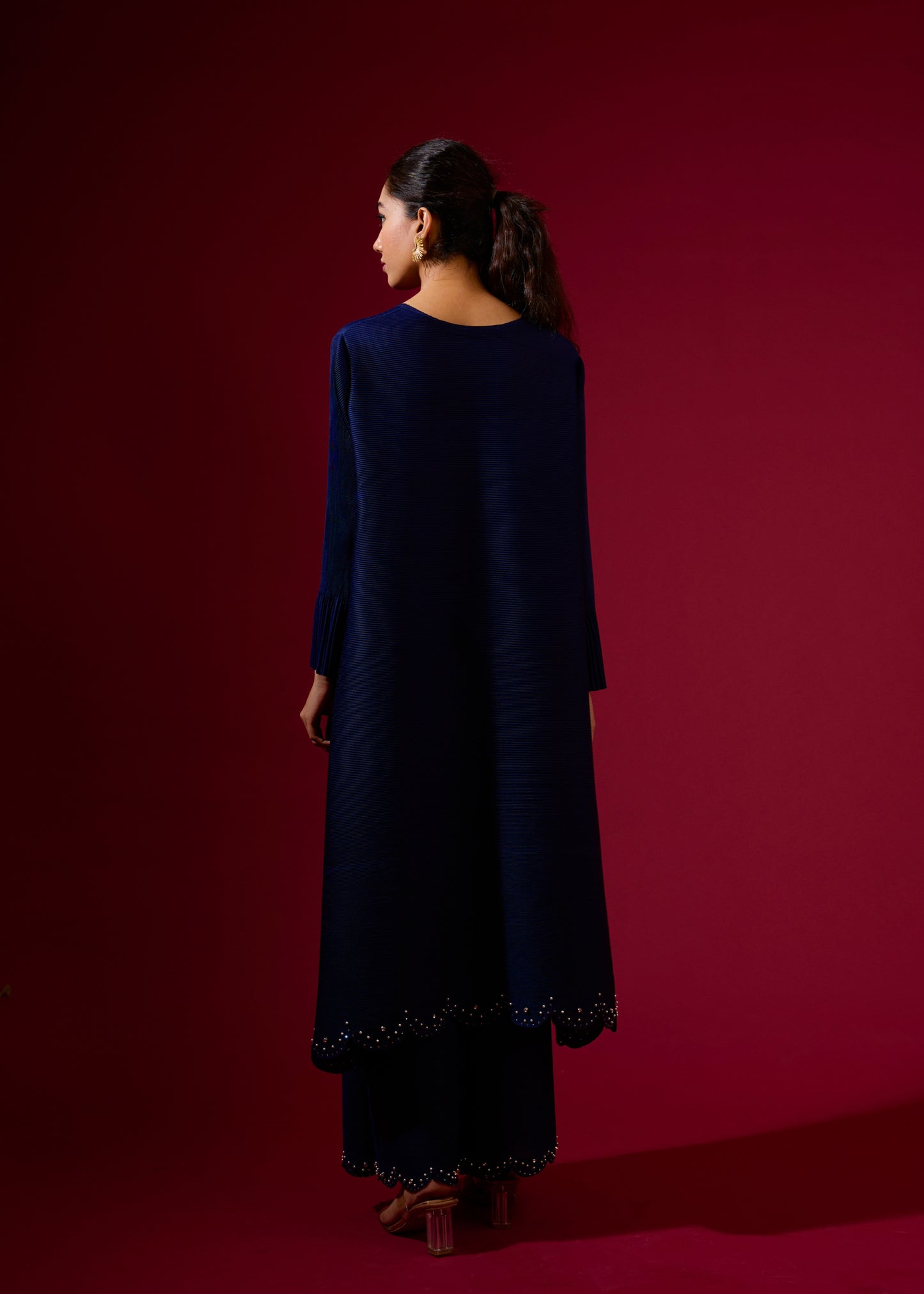 Ensemble tunique plissé vert à perles