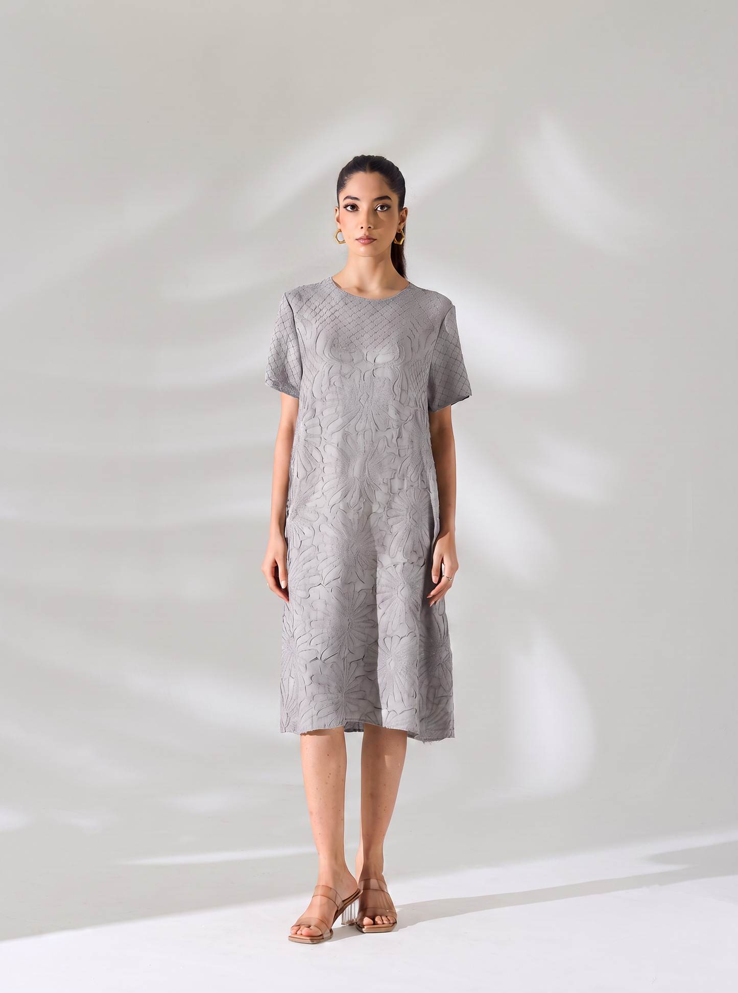 Floral Embossed Jane Dress - Grey