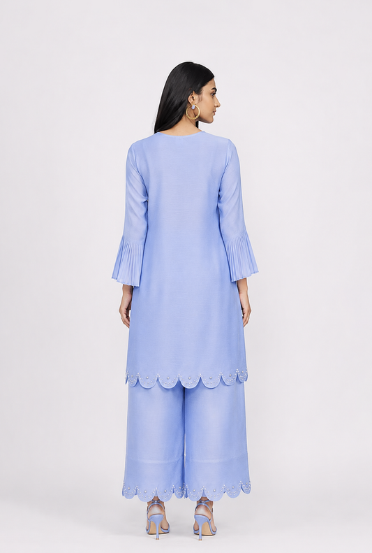 Ensemble tunique plissé bleu à perles
