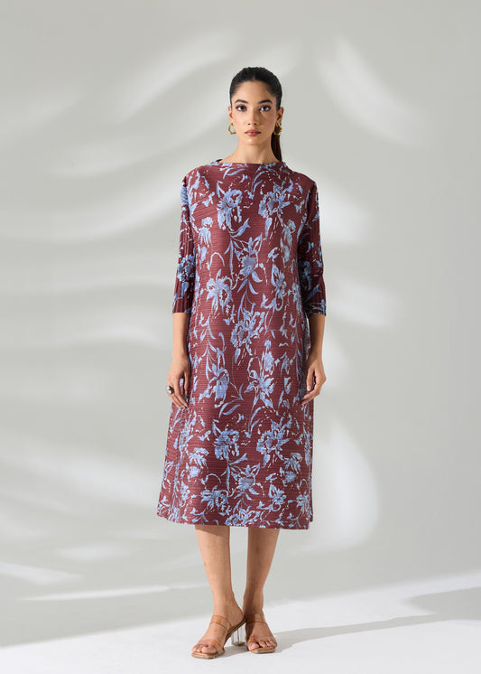 Brown Printed Floral Dress with belt