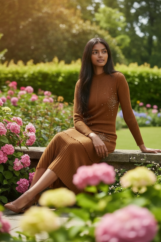 Woman in a brown dress sitting on a stone bench in a garden with flowers and greenery.