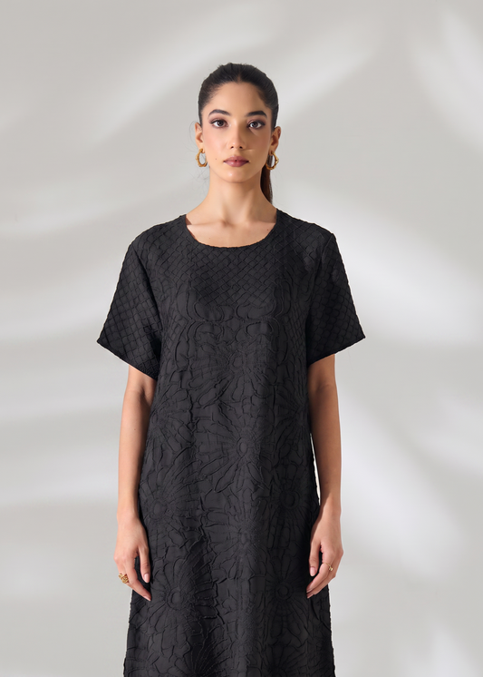Floral Embossed Jane Dress - Black