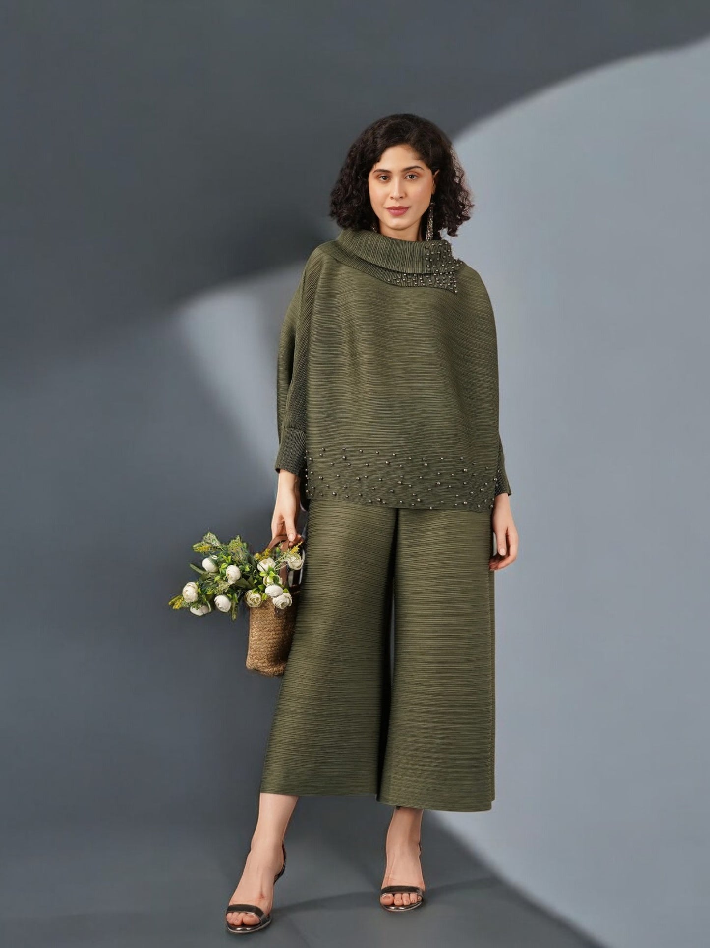 Cowl Pearl Pleated Coord Set - Olive Green