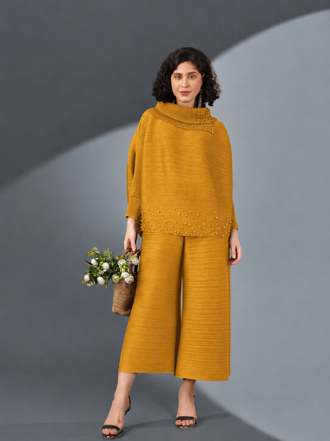 Mustard Cowl Pearl Pleated Coord Set