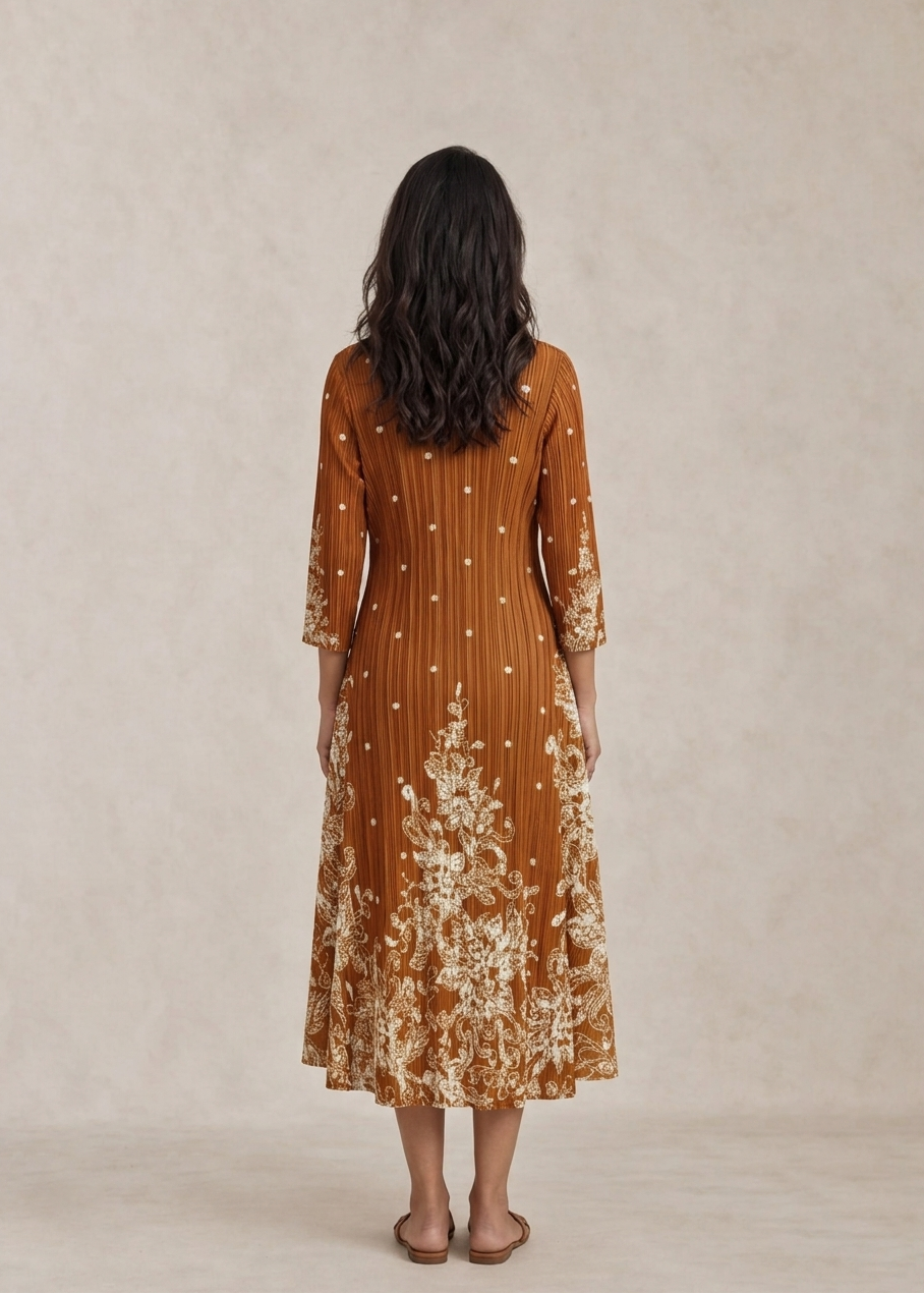 Woman wearing a brown dress with floral patterns on a beige background