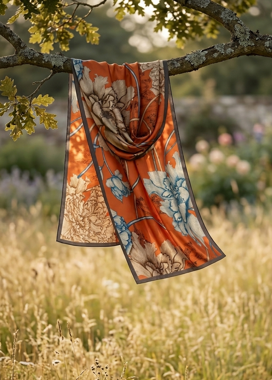 Scarf with floral pattern hanging from a tree branch in a garden setting