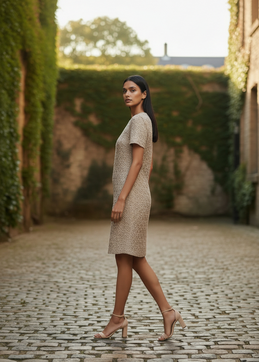 Woman in a beige dress walking on a cobblestone path with greenery in the background