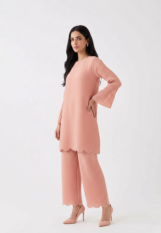 Ensemble tunique plissé rose à perles