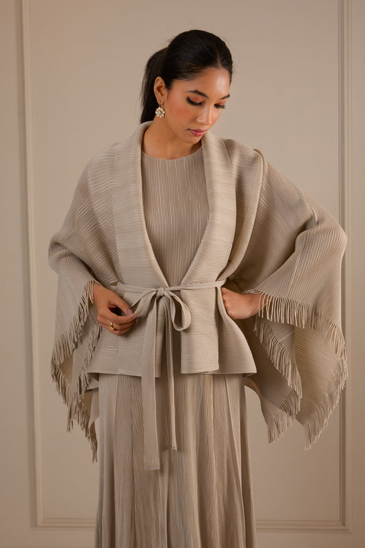 Juno Midi Dress with Fringe Cape - Beige