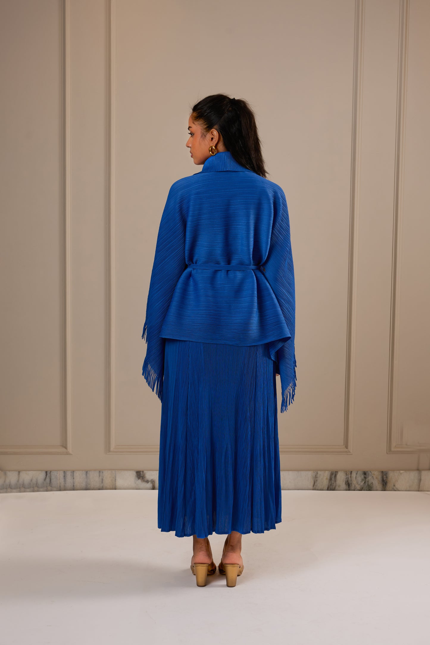 Juno Midi Dress with Fringe Cape - Royal blue