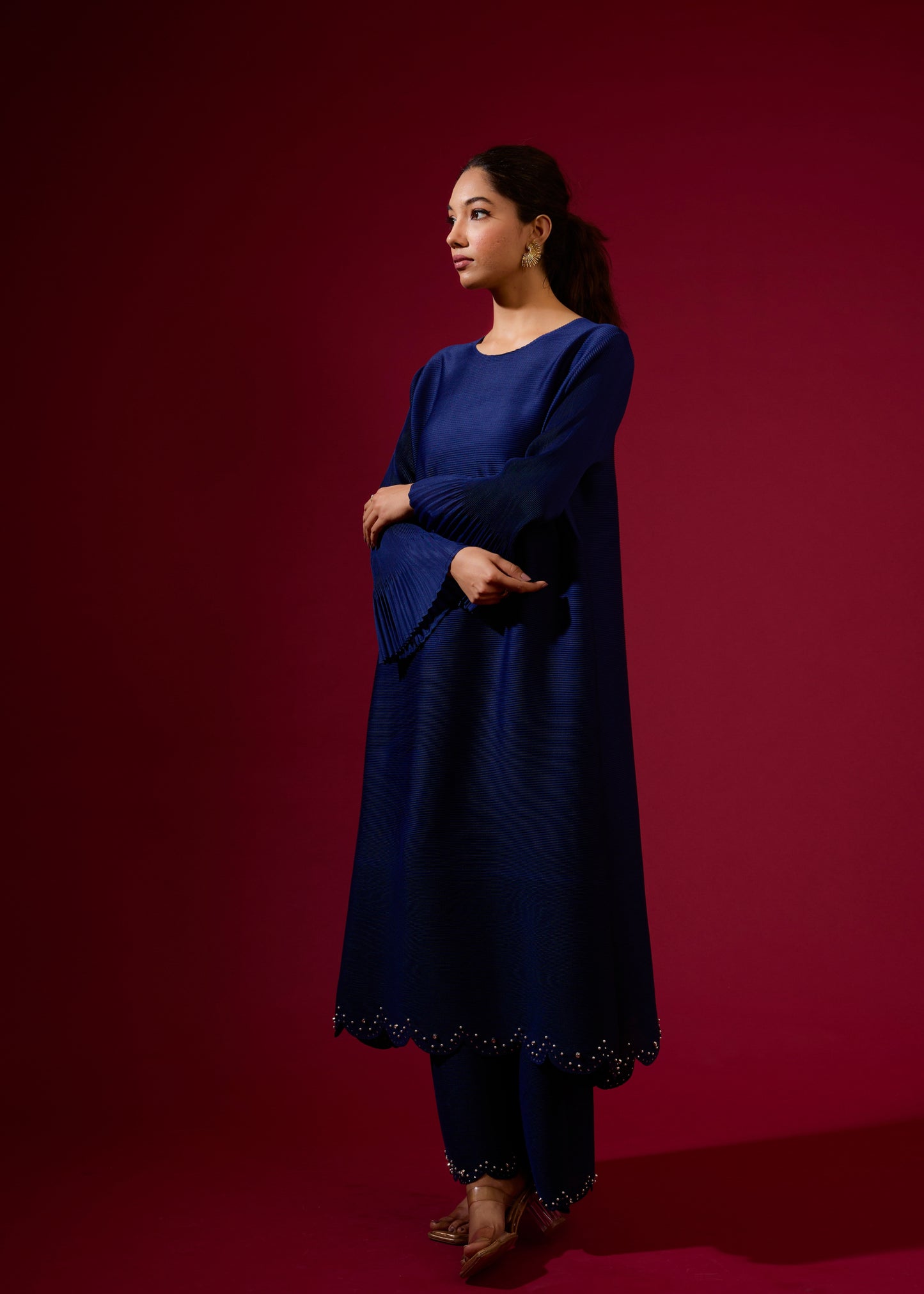 Ensemble tunique plissé vert à perles