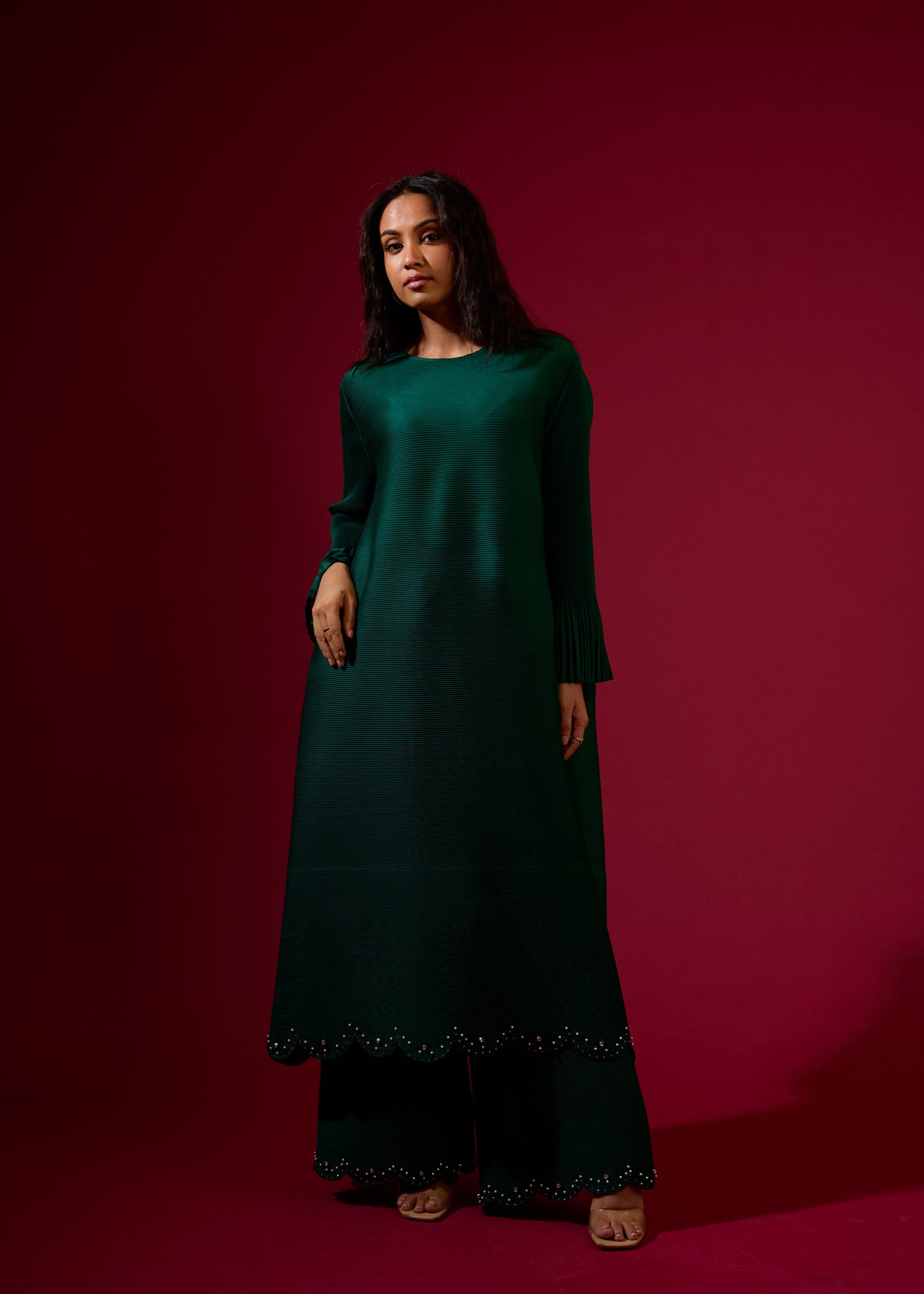Emerald Green Pleated Pearl Tunic Set