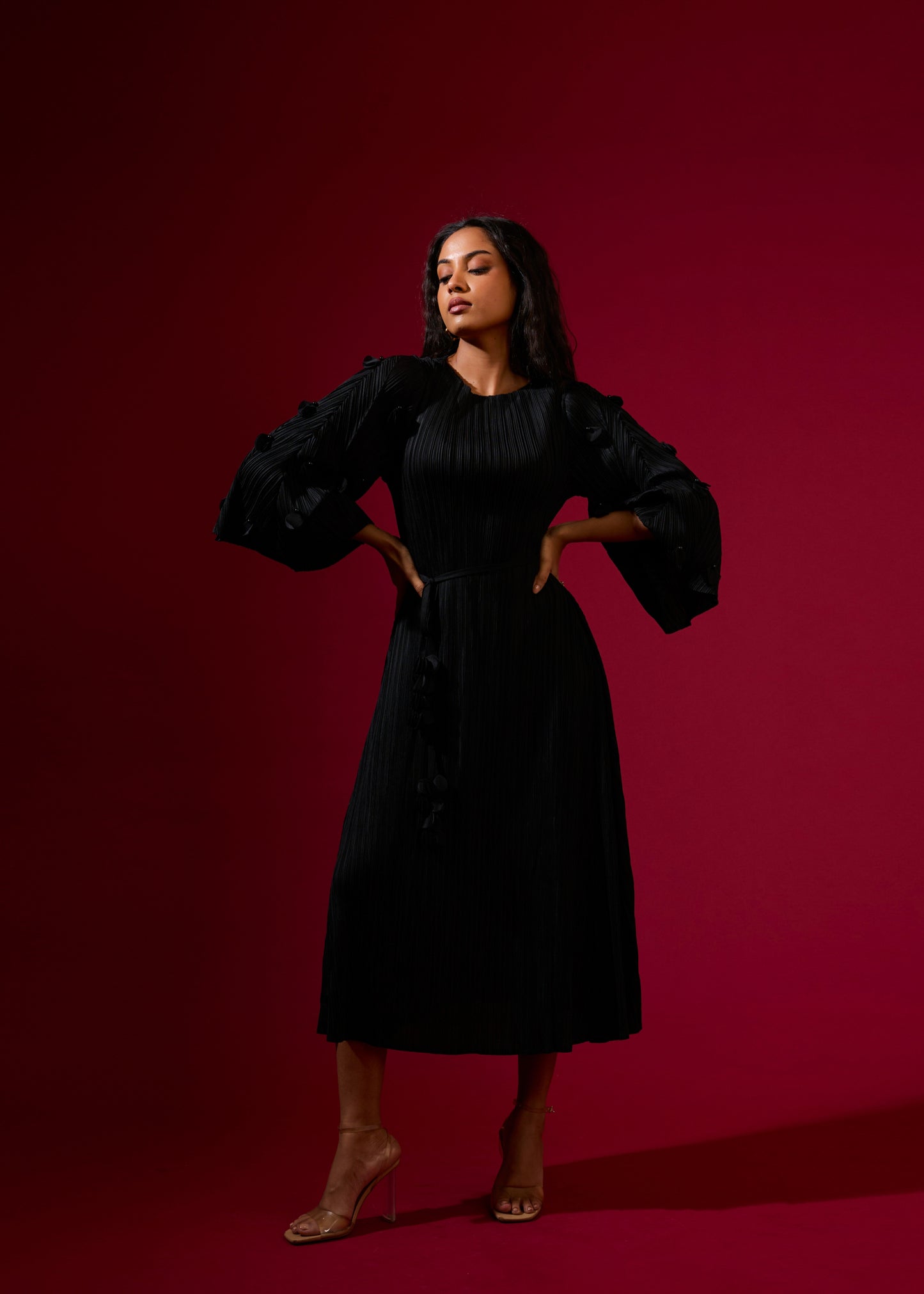 3D Flora Swing Dress - Black