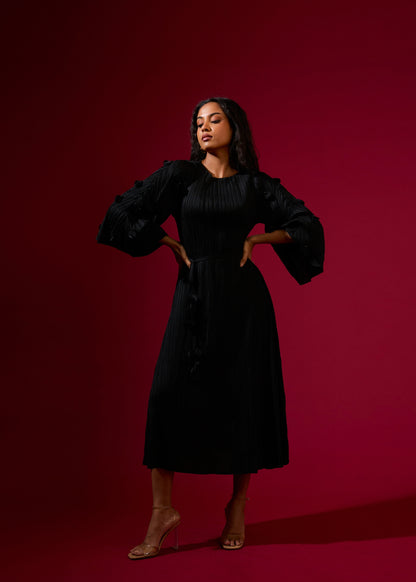 3D Flora Swing Dress - Black