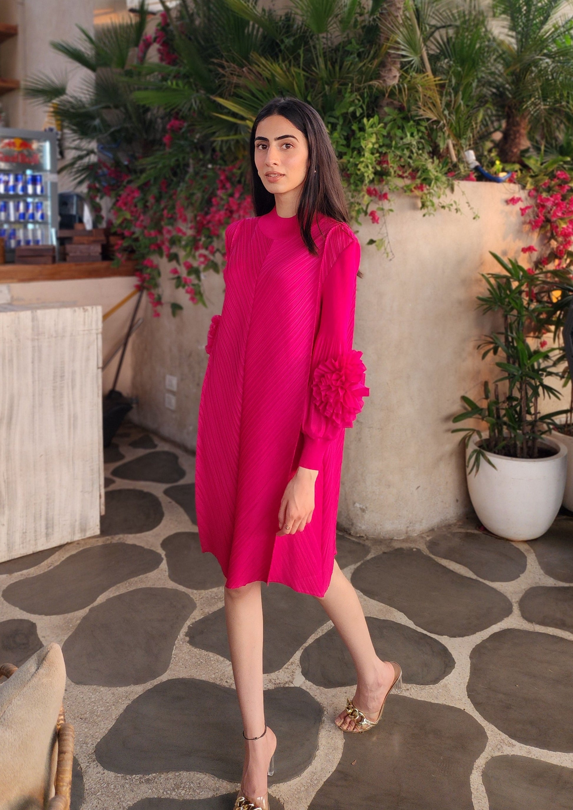 Hot Pink Flora Pleated Dress O-Pap Style Hot Pink Flora Pleated Dress O-Pap Style