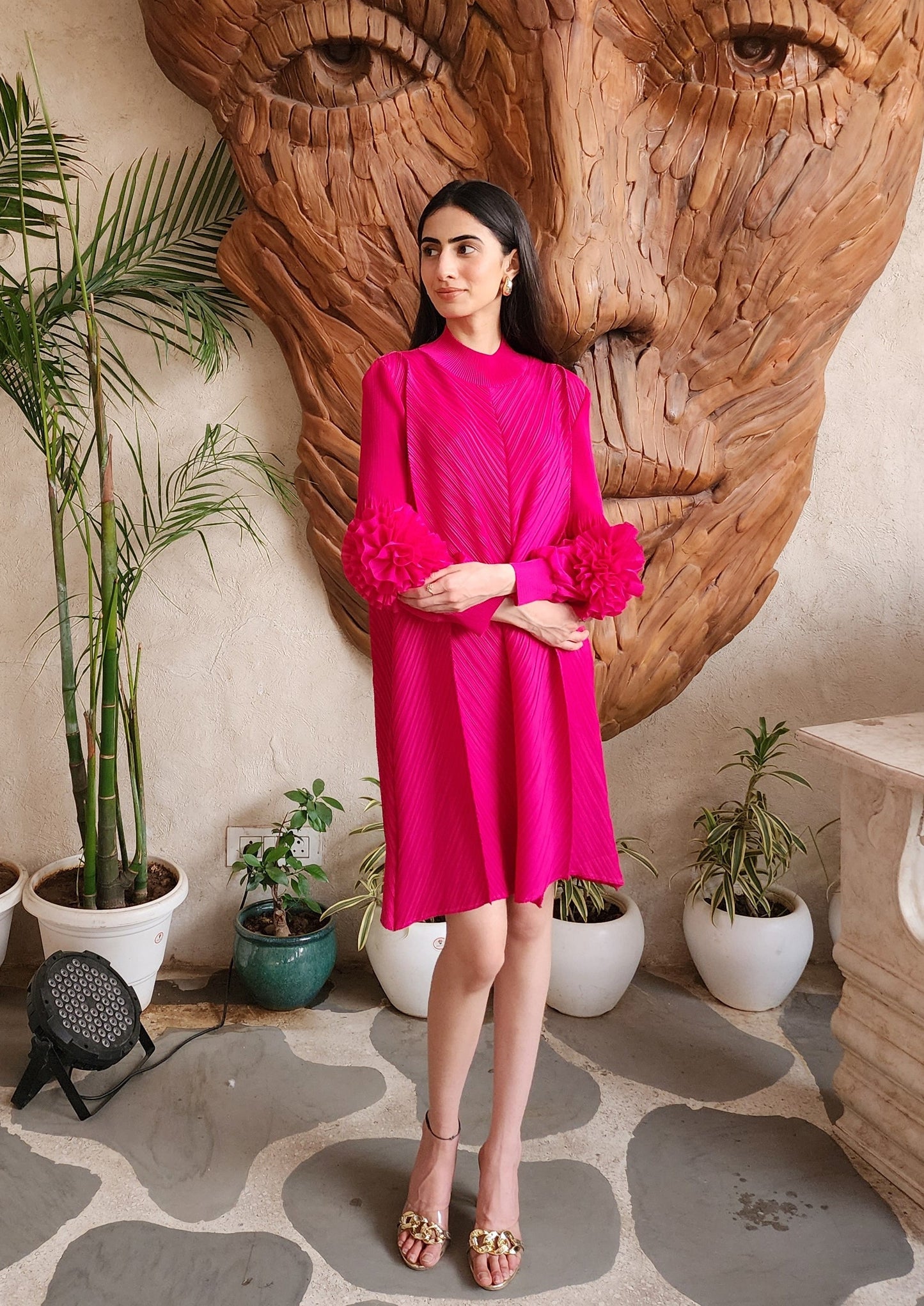 Hot Pink Flora Pleated Dress