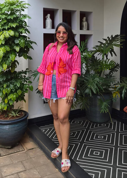 Pink Stripe shirt with Contrast hand embroidery floral motif