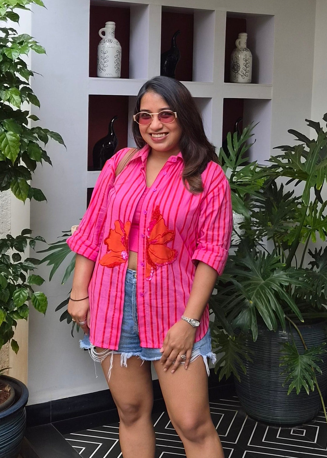 Pink Stripe shirt with Contrast hand embroidery floral motif