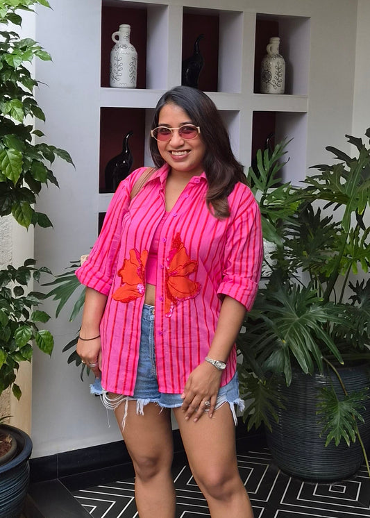 Pink Stripe shirt with Contrast hand embroidery floral motif