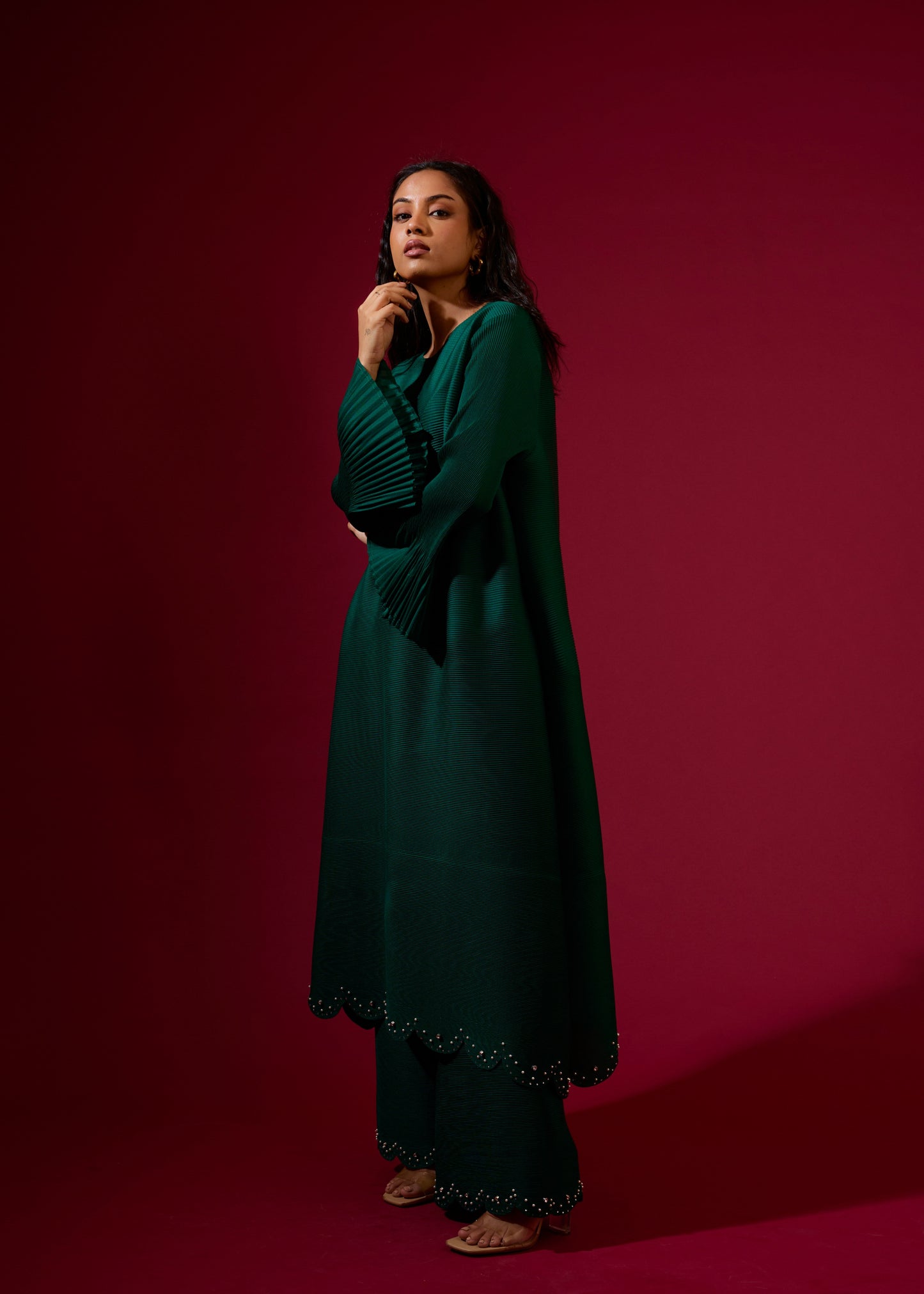 Emerald Green Pleated Pearl Tunic Set