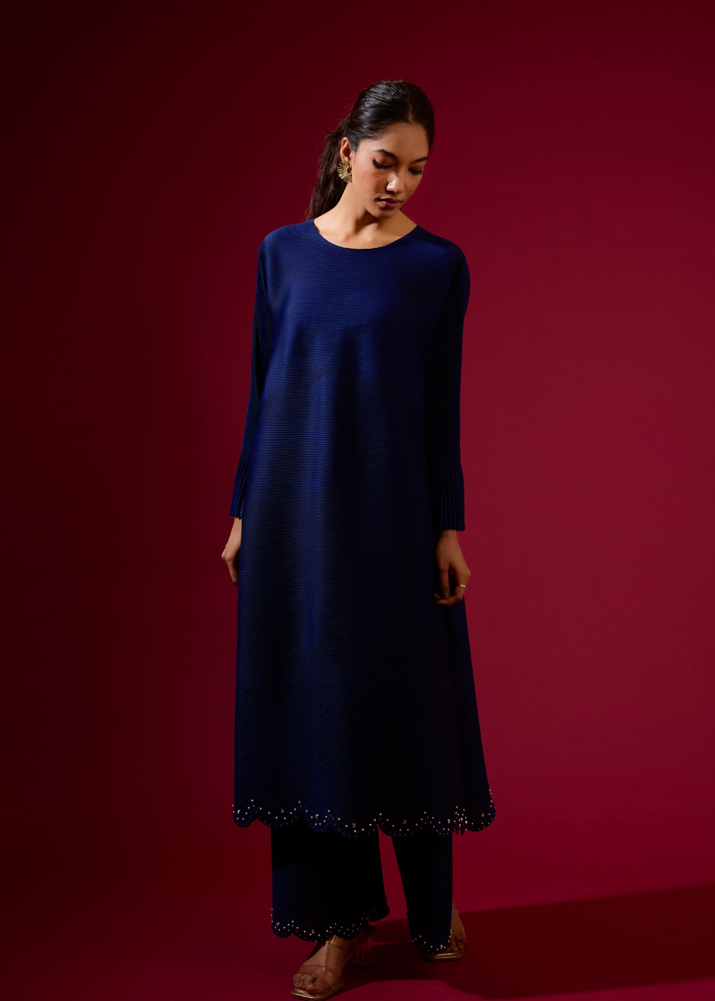 Ensemble tunique plissé vert à perles