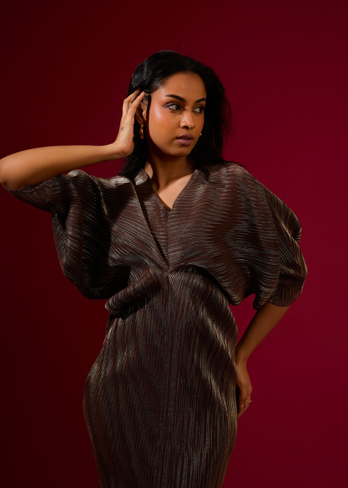 Kiara Batwing Metallic Dress - Red Wine