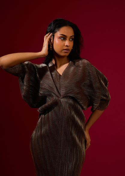 Kiara Batwing Metallic Dress - Red Wine