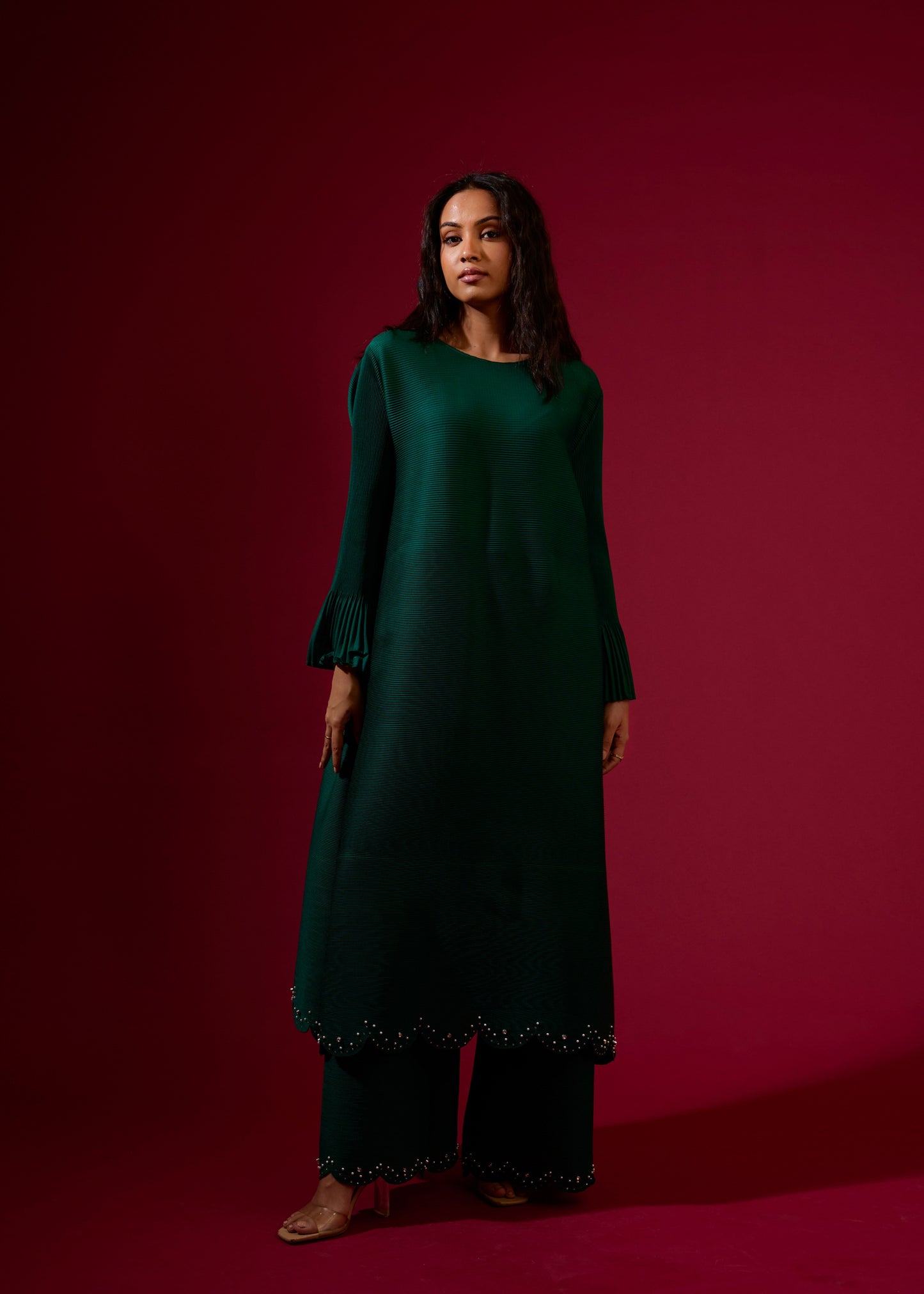 Emerald Green Pleated Pearl Tunic Set