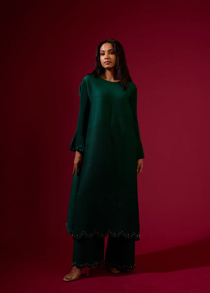 Emerald Green Pleated Pearl Tunic Set