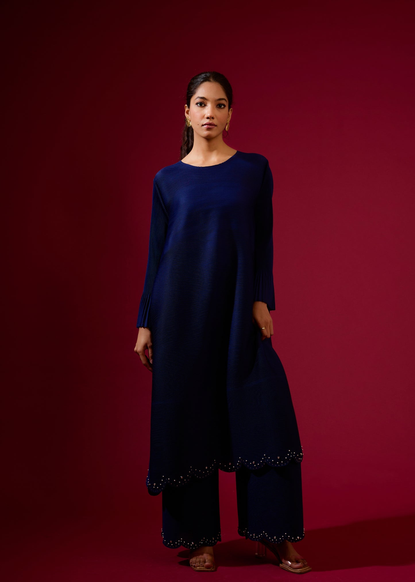 Ensemble tunique plissé vert à perles