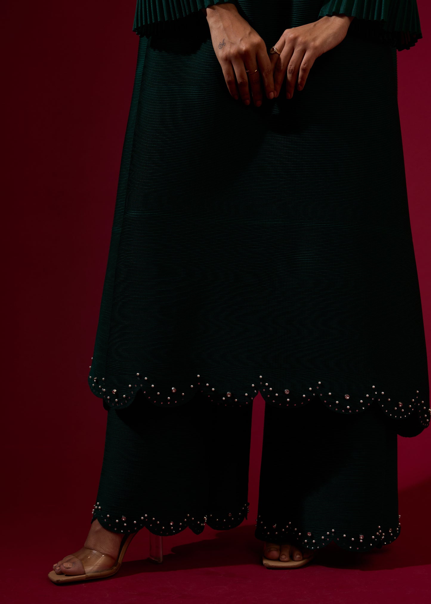 Emerald Green Pleated Pearl Tunic Set