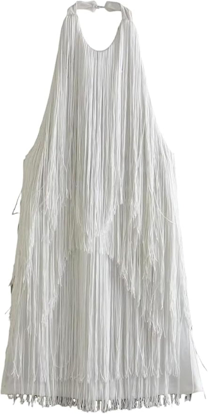 Halter Fringe Dress - White