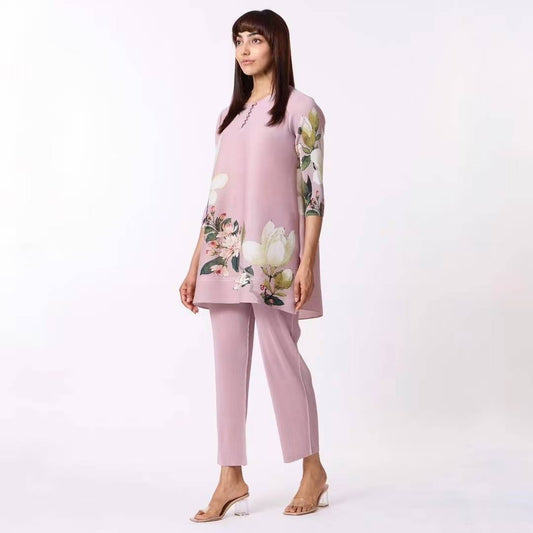 Pink Floral Pleated Tunic Set