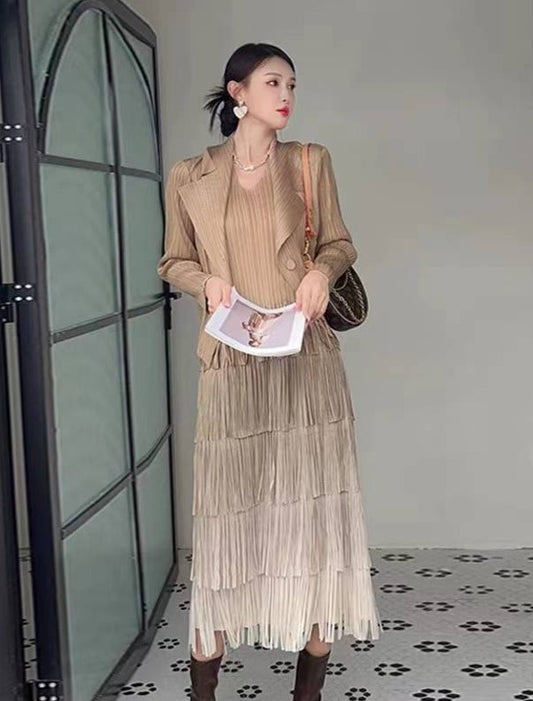 Beige Fringe Dress with Jacket