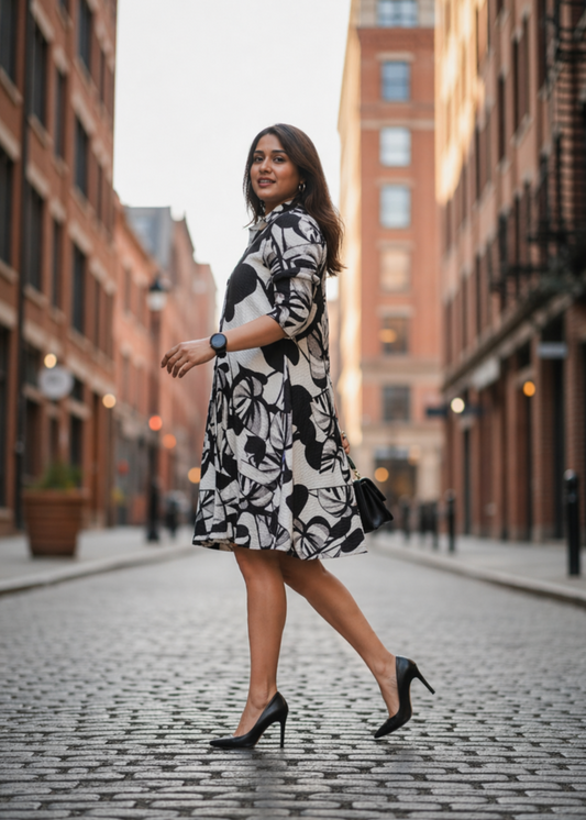 Woman in a black and white floral dress walking down a city street.