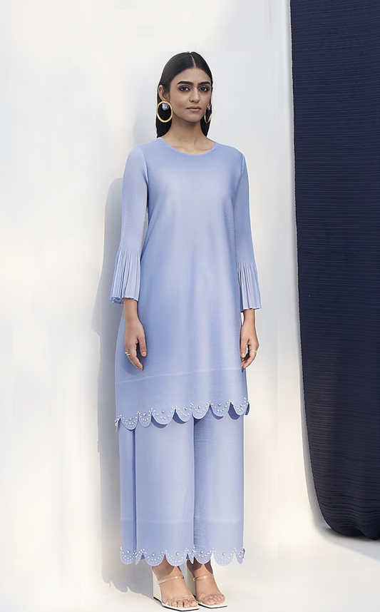 Ensemble tunique plissé bleu à perles