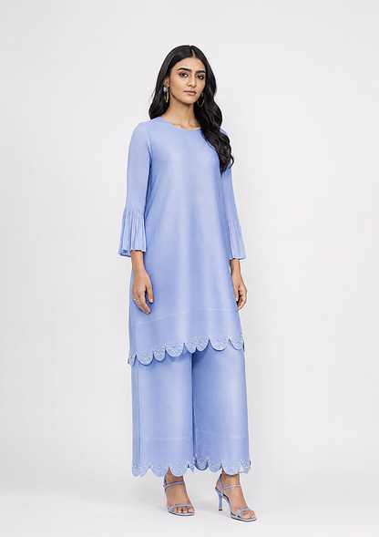 Ensemble tunique plissé bleu à perles