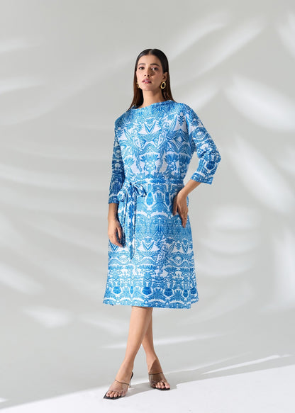 Blue Printed Ferro Dress with belt