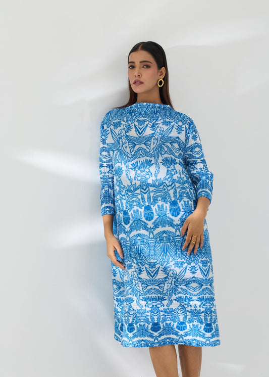 Blue Printed Ferro Dress with belt