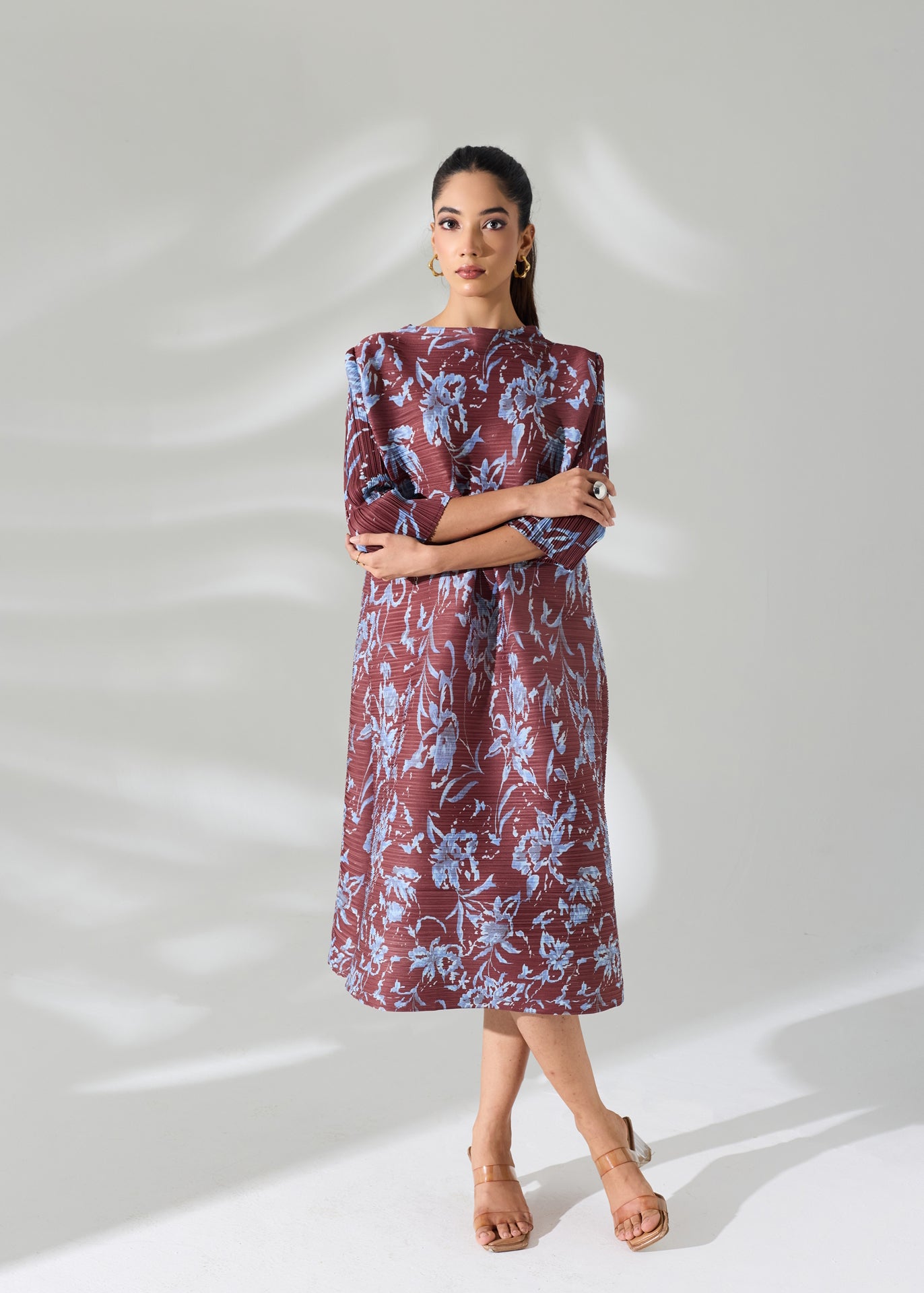 Brown Printed Floral Dress with belt