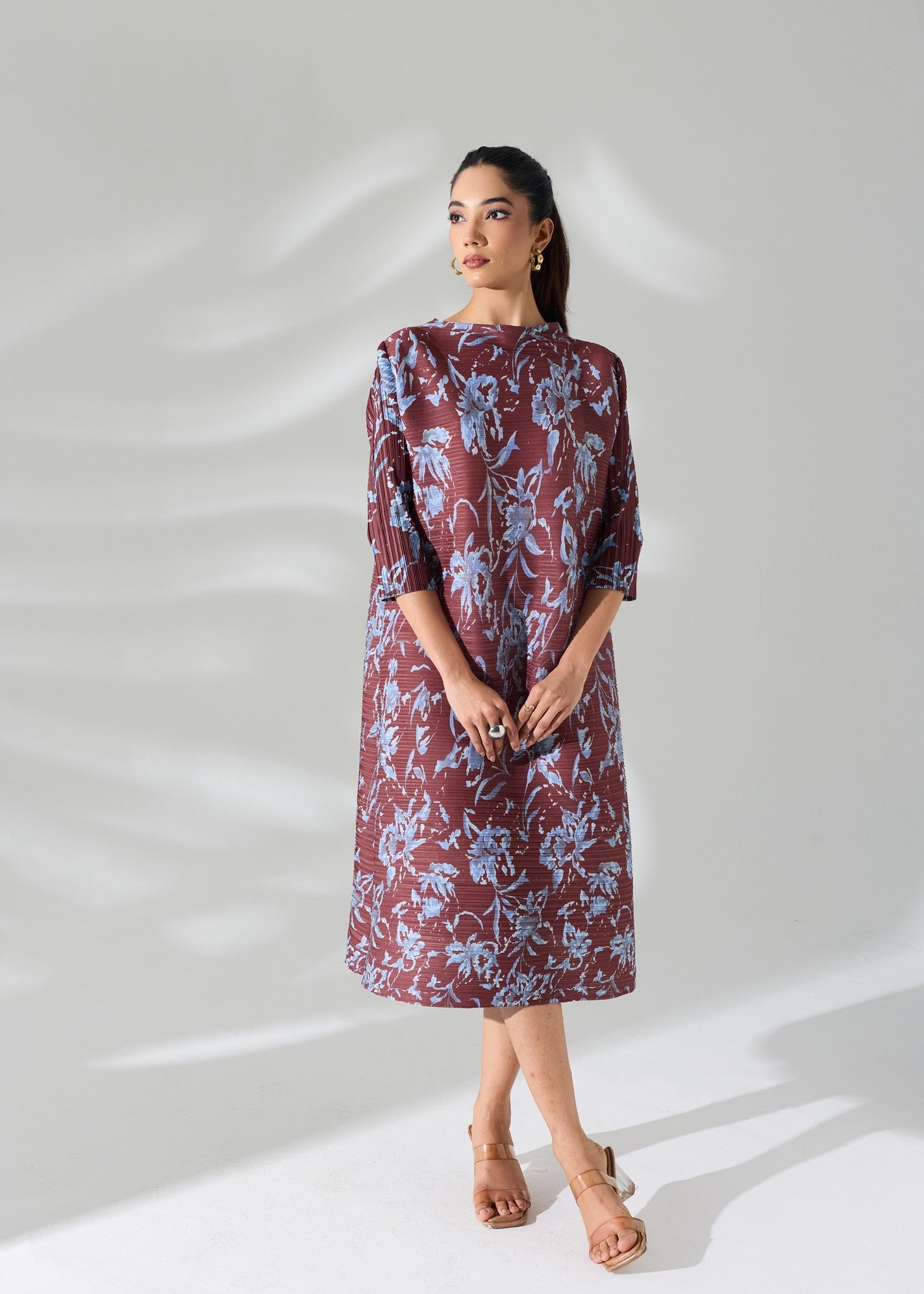 Brown Printed Floral Dress with belt