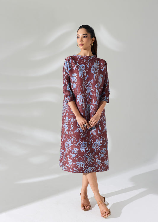 Brown Printed Floral Dress with belt