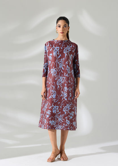 Brown Printed Floral Dress with belt
