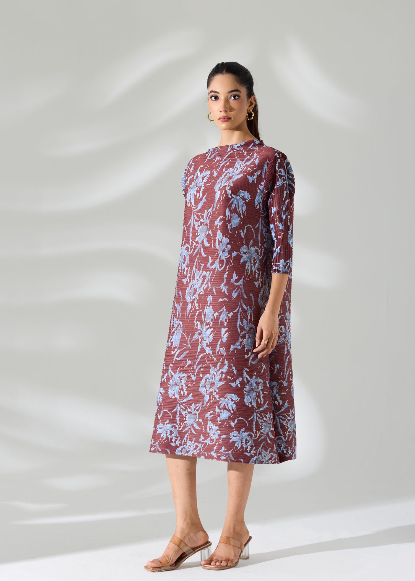 Brown Printed Floral Dress with belt
