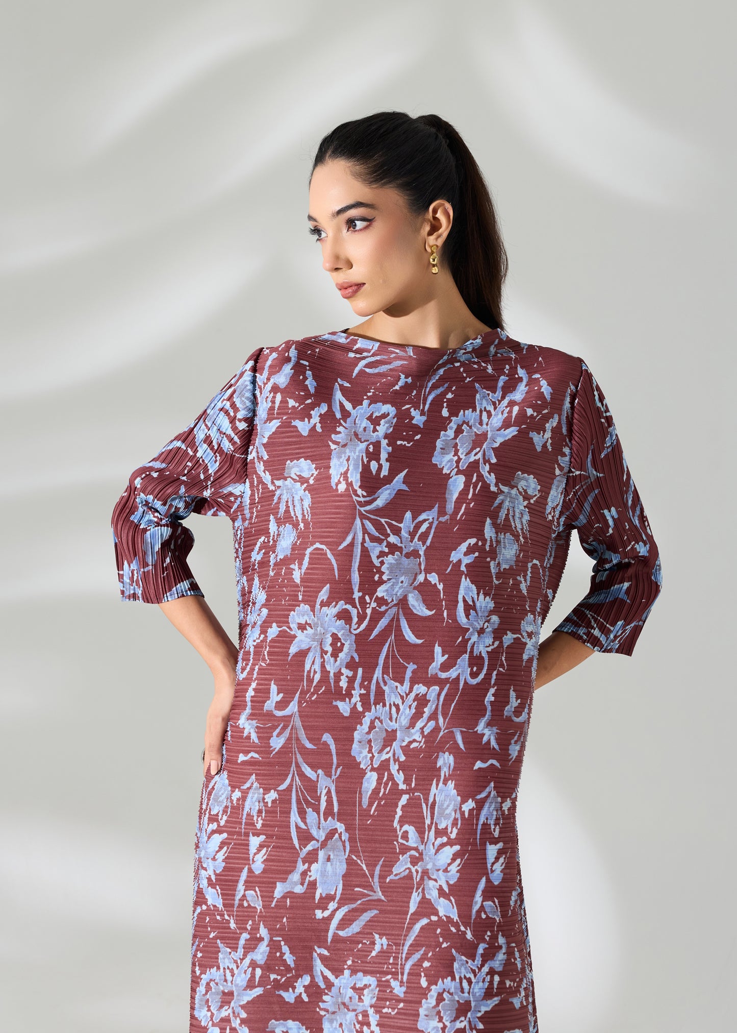 Brown Printed Floral Dress with belt