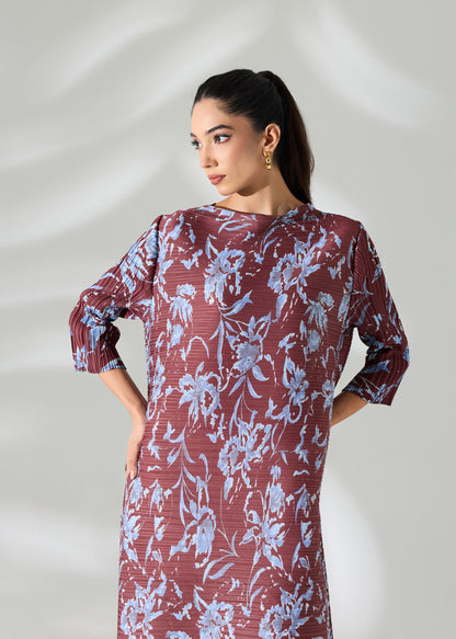 Brown Printed Floral Dress with belt