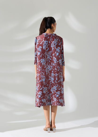Brown Printed Floral Dress with belt