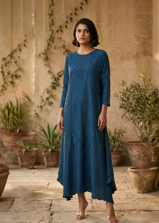 Dandelion Embossed Dress - Peacock Blue
